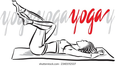 pretty woman yoga workout fitness pose relaxing lettering vector illustration