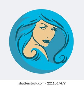 Pretty woman's face with long hair silhouette illustration. Female hair beauty salon logo or symbol.