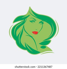 Pretty woman's face with long hair silhouette illustration. Female hair beauty salon logo or symbol.