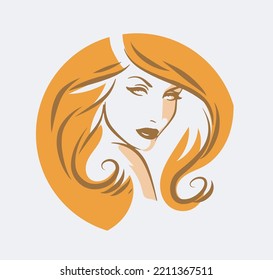 Pretty woman's face with long hair silhouette illustration. Female hair beauty salon logo or symbol.