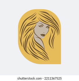 Pretty woman's face with long hair silhouette illustration. Female hair beauty salon logo or symbol.