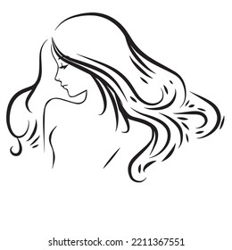 Pretty woman's face with long hair silhouette illustration. Female hair beauty salon logo or symbol.