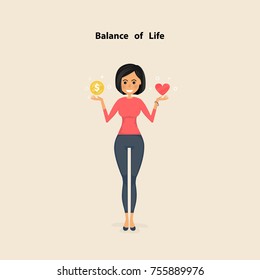 Pretty woman,Young woman with the golden coins and red heart icon on her hand.Concept of work and life balance.Vector flat design illustration
