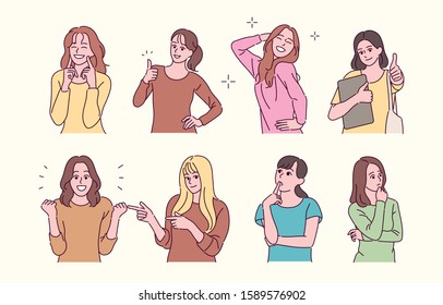 Pretty women characters and various expressions  hand drawn style vector design illustrations  
