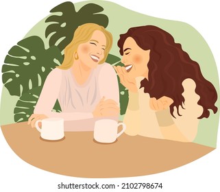 Pretty Women Chat Over A Cup Of Coffee And Discuss Something. Female Friendship Vector Illustration