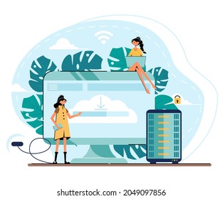 Pretty women configure the application on the big LCD screen. Server Illustration Concept. Back end development it concept. Software development process. Back-end concept. Website landing web page.