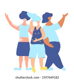 Pretty women with different features of appearance isolated on white background. Three girls standing together isolated on white background. Body positive concept. Vector color flat illustration.