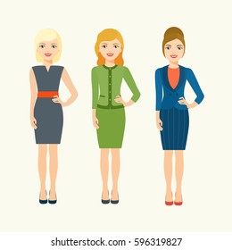  Pretty women in different style clothes. Vector flat illustration.