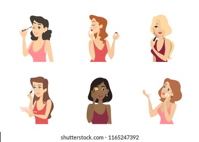 Pretty women doing make up set. Applying mascara and lipstick, eyeshadow and facial base. Beauty and skin care. Isolated vector illustration in cartoon style