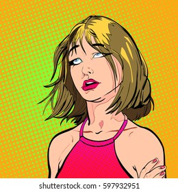 A pretty women looking worriedly. Pretty sad women. Glamour girl. Cute woman thinking about something. Cute pin-up girl. Dot backdrop. Feelings. Pop art retro style illustration. 