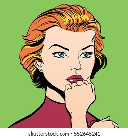 A pretty women looking worriedly. Pretty young women. Glamour girl. Cute woman thinking about something. Cute  pin-up girl. Woman portrait. Dot backdrop. Feelings. Pop art retro style illustration. 