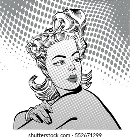 A pretty women looking worriedly. Pretty young women. Glamour blonde girl. Cute woman thinking about something. Cute blonde pin-up girl. Dot backdrop. Feelings. Pop art retro style illustration. 