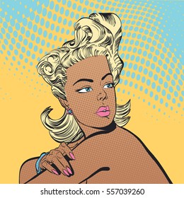 A pretty women looking worriedly. Pretty young women. Glamour blonde girl. Cute woman thinking about something. Cute blonde pin-up girl. Dot backdrop. Feelings. Pop art retro style illustration. 
