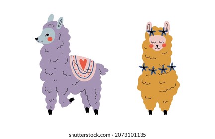 Pretty Wooly Llama or Alpaca as Adorable Fairy Animal Vector Set