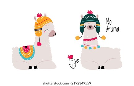 Pretty Wooly Llama or Alpaca Wearing Knitted Hat and Blanket Sitting Vector Set