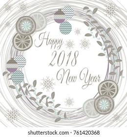 Pretty wreath with Christmas decoration. Round garland decorated with festive elements. Text Happy 2018 New Year. Vector illustrarion for season greeting cards, posters, advertisement.