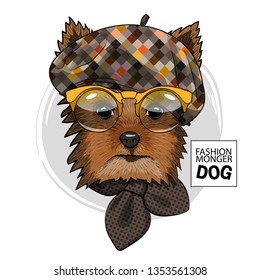 Pretty Yorkshire Terrier with glasses, checkered hat and scarf. Hand drawn illustration of dressed dog.  Vector illustration.