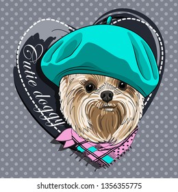 Pretty Yorkshire Terrier with green hat and pink scarf. Hand drawn illustration of dressed dog.  Vector illustration.