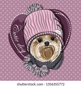 Pretty Yorkshire Terrier with knitted pink hat and knitted scarf. Hand drawn illustration of dressed dog.  Vector illustration.