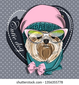 Pretty Yorkshire Terrier with pink bow, glasses, pink knitted hat and green knitted scarf. Hand drawn illustration of dressed dog.  Vector illustration.