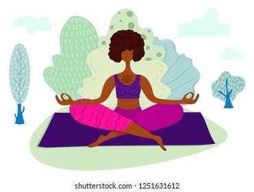 Pretty Young african american curly girl doing yoga in park, woman in sport, healthy lifestyle, stylized vector illustration in trend colors