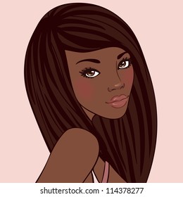 Pretty young african american woman with beautiful long hair. Vector illustration