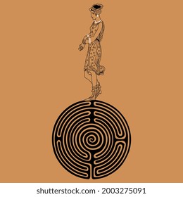 Pretty young ancient Greek woman standing on a round spiral maze or labyrinth symbol. Ariadne. Antique mythology. Creative concept. Female archetype.