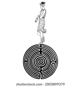 Pretty young ancient Greek woman standing on a round spiral maze or labyrinth symbol. Ariadne. Antique mythology. Creative concept. Female archetype. Black and white silhouette.