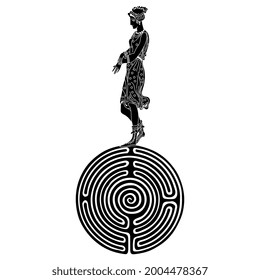 Pretty young ancient Greek woman standing on a round spiral maze or labyrinth symbol. Ariadne. Antique mythology. Creative concept. Female archetype. Black and white negative silhouette.