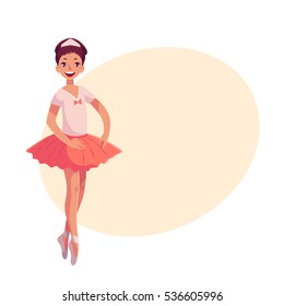 Pretty young ballerina in pink tutu standing on toes, cartoon style vector illustration on yellow background with place for text. Little ballet dancer in pink tutu, classical ballet, first position