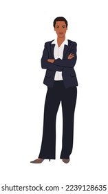 Pretty young black business woman in formal suit standing with her arms crossed. Attractive female character in office outfit. Vector realistic illustration isolated on white background