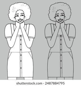 pretty young black woman smiling afro hair happy dress side glance vector line drawing