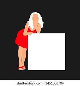 Pretty young blond hair women in red dress with placard, board, poster, banner, presentation note on black background. Clean white sheet template with empty place for business idea design.