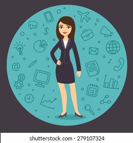 Pretty young businesswoman in cartoon style in suit surrounded by a pattern of business related symbols.