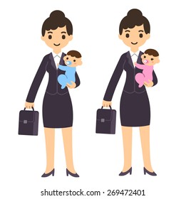 Pretty young businesswoman mother in cartoon style in suit with suitcase holding a baby boy or girl. Isolated on white background.