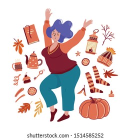 Pretty young chubby woman surrounded by autumn associated objects - socks, pumpkin, lantern, tea, book, leaves, fall celebration concept, flat cartoon vector illustration isolated on white background