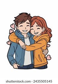 A pretty young couple in love, a man and a girl in sports casual clothes hug each other and smile. sticker, card. vector illustration