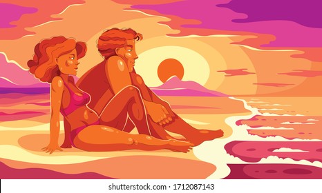 Pretty young couple on sundown evening sea shore beach calm relaxing and rest looking to the sea, attractive man and woman on nature.