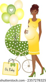 Pretty young dark skin pregnant woman with a green pram and balloons