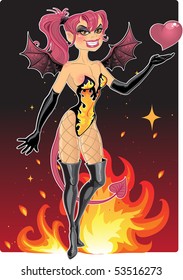Pretty young Devil girl on hot fire background