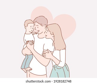 Pretty young family. Hand drawn style vector design illustrations.