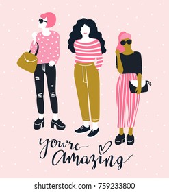 Pretty young fashion women with handwritten lettering 'You're amazing' on the pink polka dot background. Vector illustration. Beauty salon.