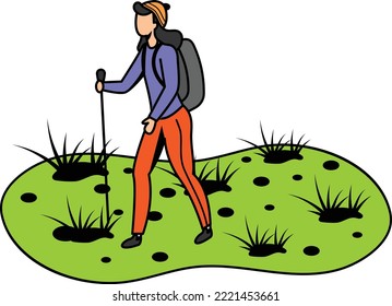 pretty young female hiker with backpack posing tourism vector  icon design, Outdoor weekend Activity symbol, Tourist Holiday Scene Sign,Happy people at vacation, woman tourist traveler adventure stock