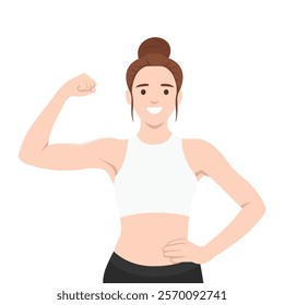 Pretty young fit woman showing her bicep muscle. Flat vector illustration isolated on white background