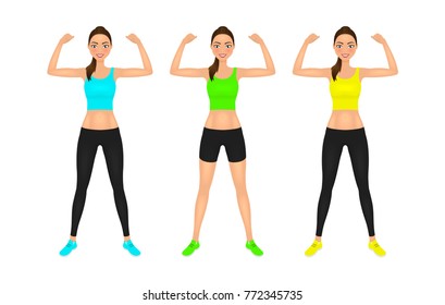 Pretty young fit woman showing her biceps. Smiling girl in sportswear. Isolated vector characters set.