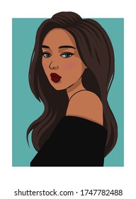 Pretty young girl with brown hair dark lips vector illustration