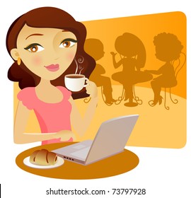 Pretty young girl with a computer in a bar, taking coffe with a cake