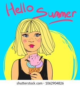 Pretty young girl with freckles and bob haircut holding sweet ice cream and Hello Summer text. Vector colorful food 90s style illustration.