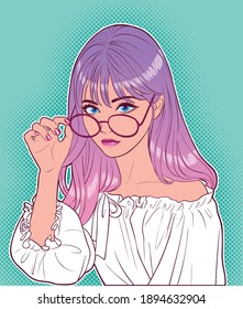 Pretty young girl with glasses and long pink purple hair in pop-art style