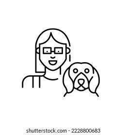 Pretty young girl and her beagle. Smiling dog owner icon. Pixel perfect, editable stroke art